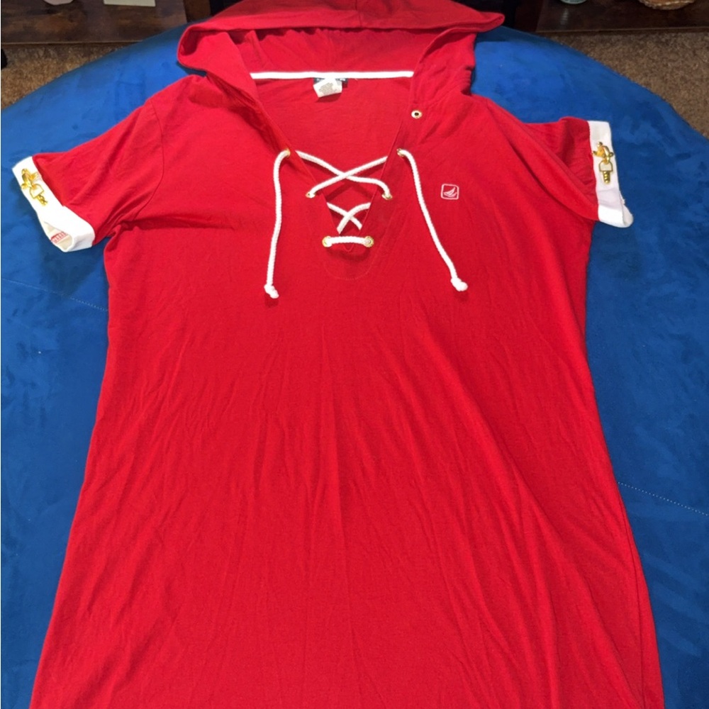 Sperry Red Hooded Lace-Up Women’s Top with White Trim
